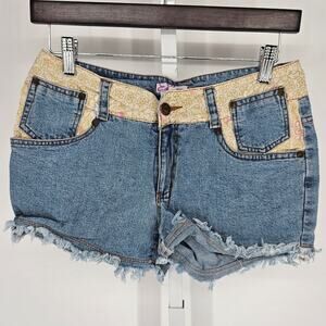 Vimntage Y2K Utopia Womens Sz M Cutoff Blue Jean Shorts Floral Trim
